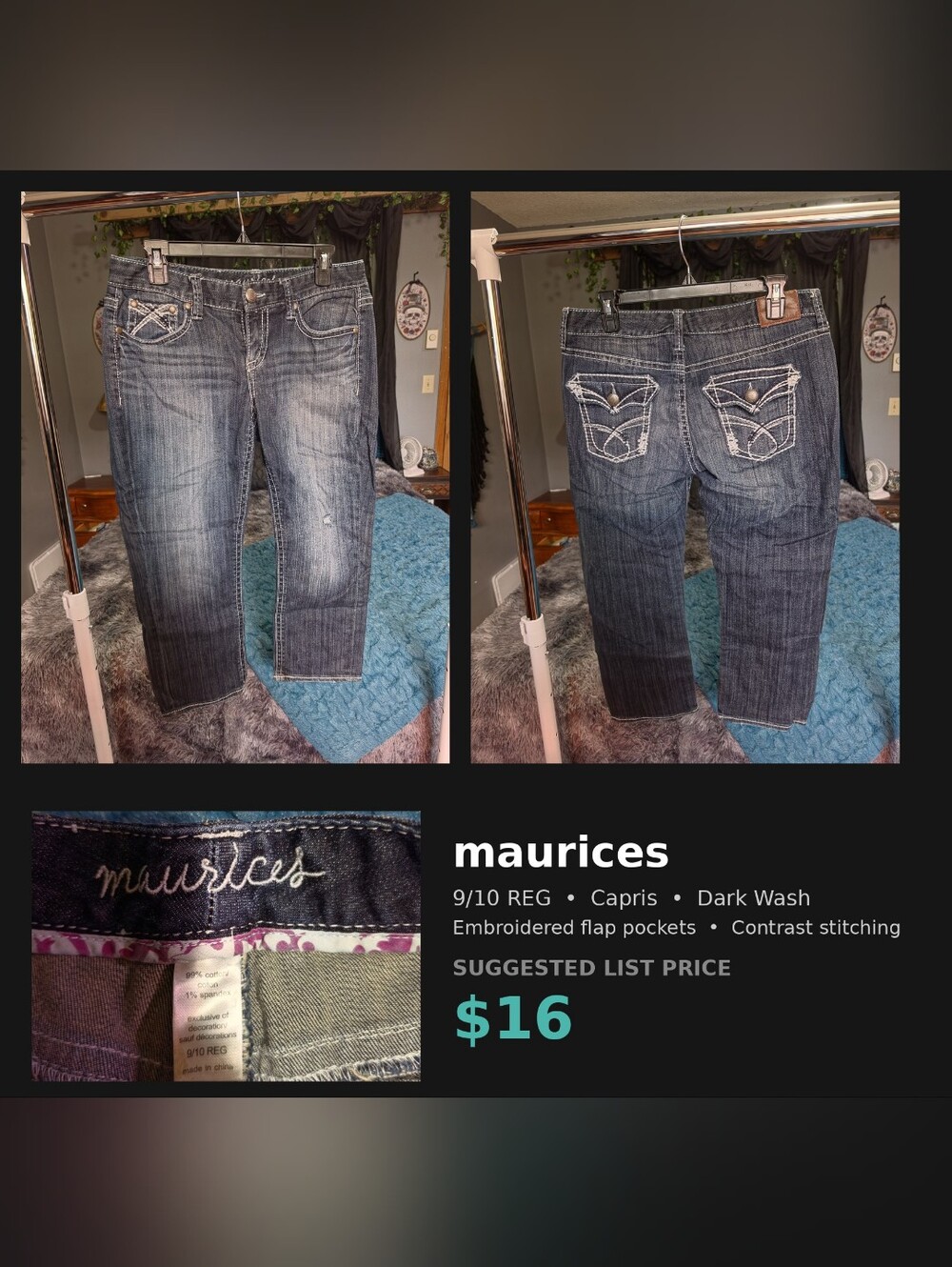 maurices Womens 9/10 REG Capri Jeans Dark Wash Embroidered Pockets